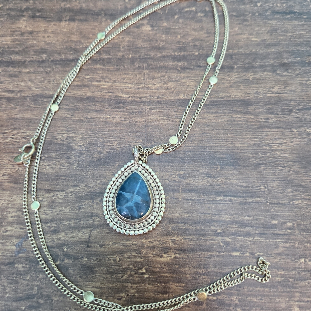*SOLD* Anna Beck Gold Necklace with Blue Teardrop Pendant